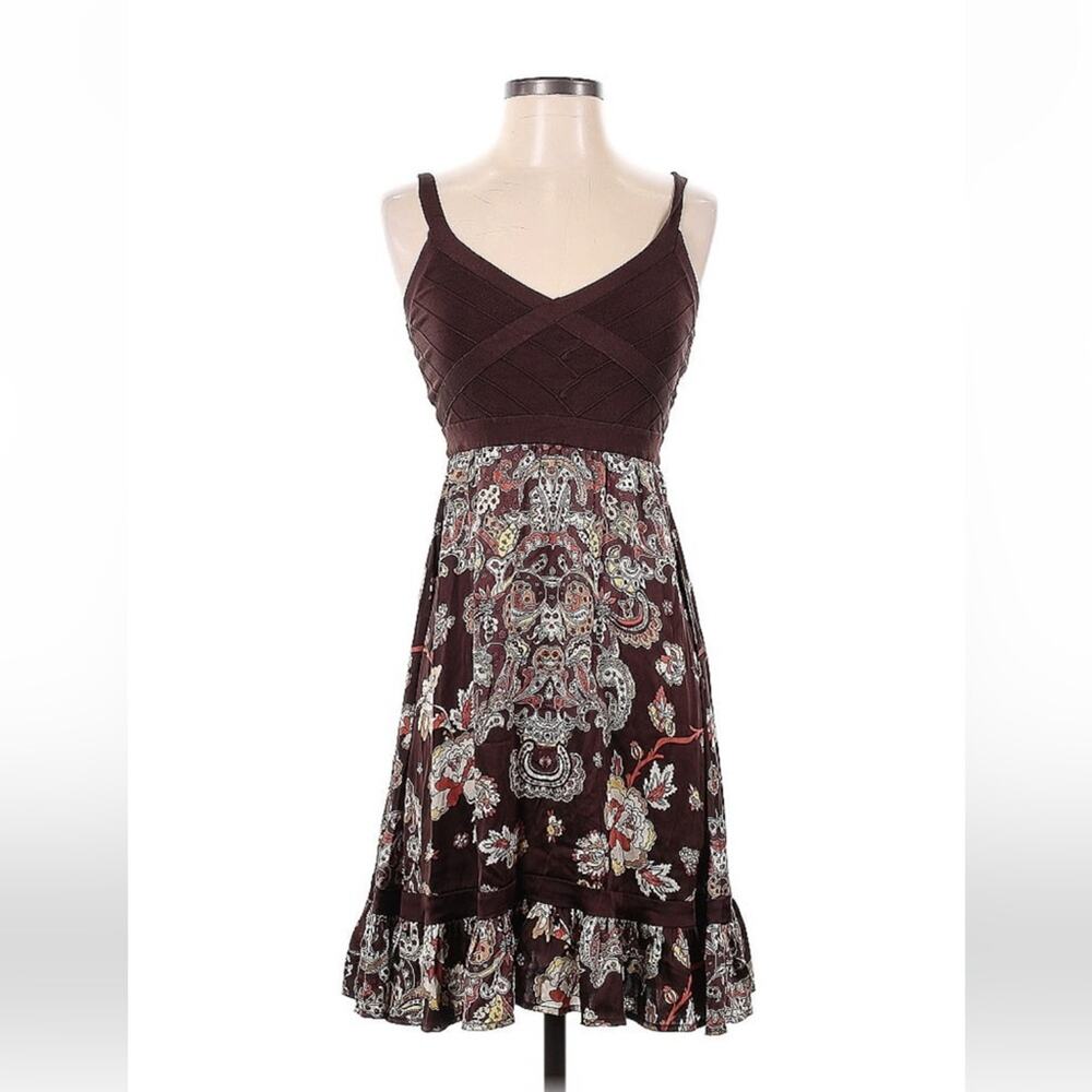 Bebe chocolate brown paisley patterned a line dress, size small